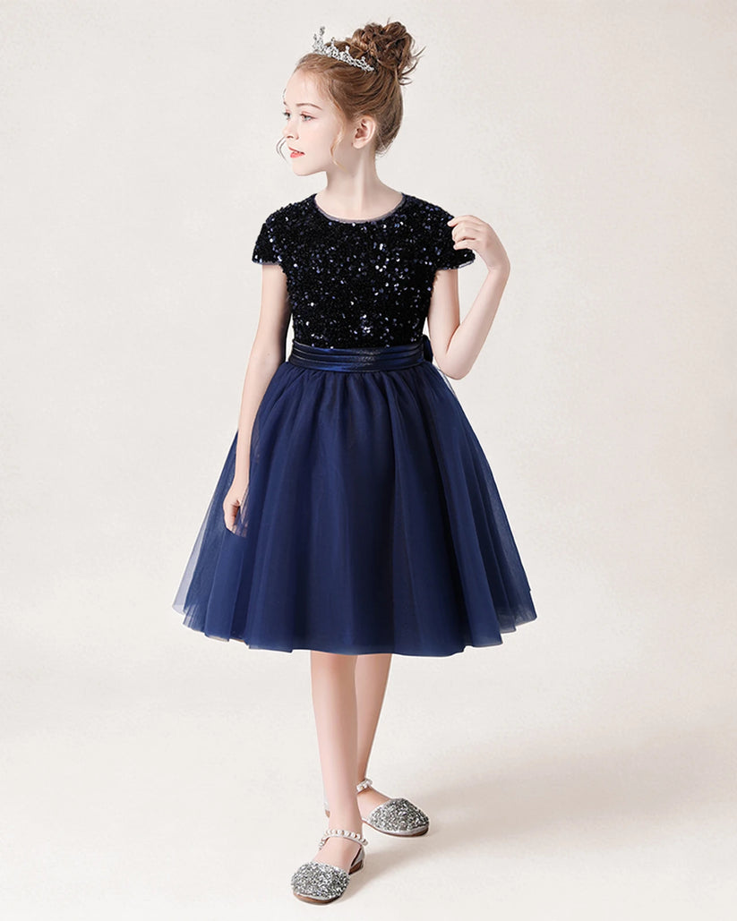 Navy Blue Tulle A-line Girls Formal Dress Side View
