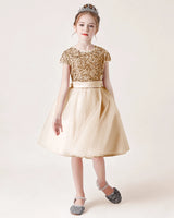 Champagne Sequin Tulle A-line Girls Formal Dress Front View