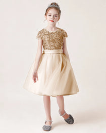 Champagne Front Short Sequin Flower Girl Dress