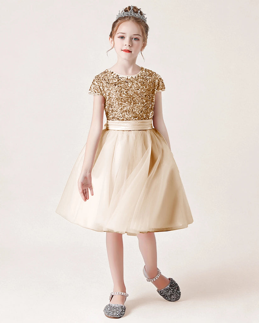 Champagne Sequin Tulle A-line Girls Formal Dress Front View