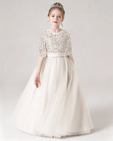Ivory Sequin Tulle A-line Flower Girl Dress Front View