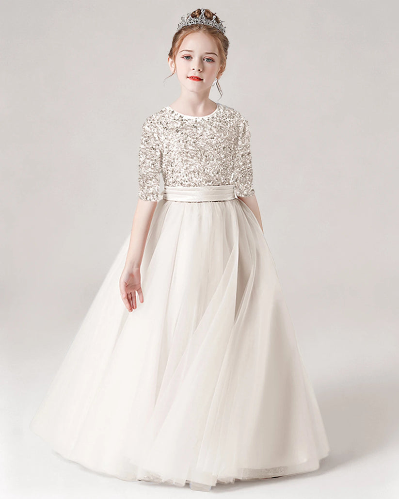 Ivory Sequin Tulle A-line Flower Girl Dress Front View