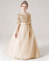 Champagne Sequin Tulle A-line Flower Girl Dress Front View