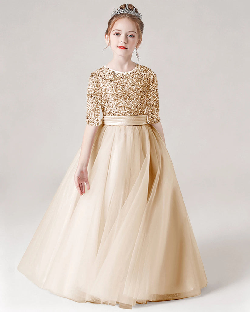 Champagne Sequin Tulle A-line Flower Girl Dress Front View