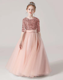 Blush Pink Front Sequin Mid Sleeve Flower Girl Dress