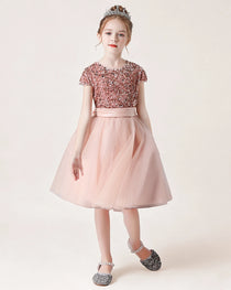 Blush Pink Front Short Sequin Flower Girl Dress