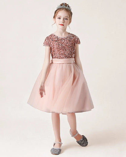 Blush Pink Front Short Sequin Flower Girl Dress