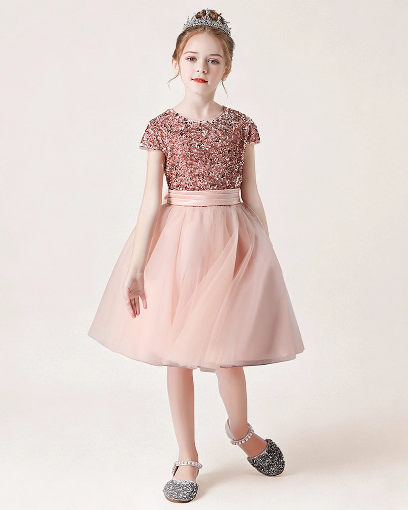 Blush Pink Sequin Tulle A-line Girls Formal Dress Front View