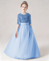 Sky Blue Sequin A-line Flower Girl Dress Front View