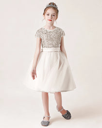 Champagne Front Short Sequin Flower Girl Dress