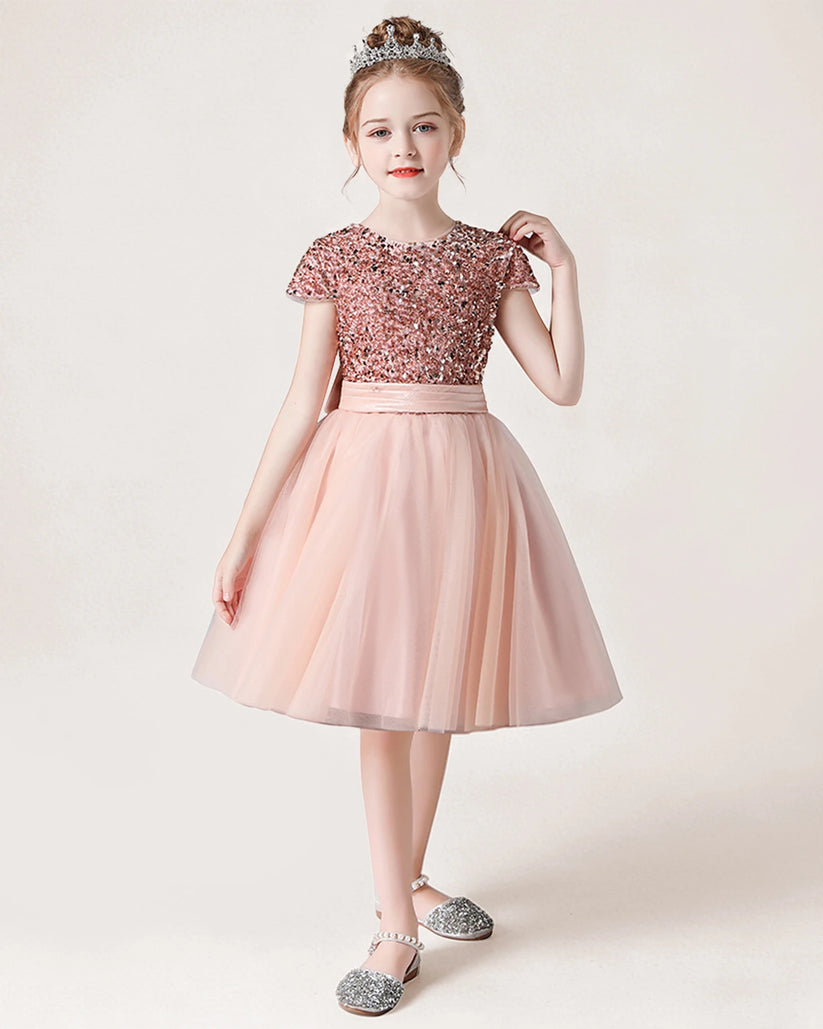 Blush Pink Tulle A-line Girls Formal Dress Front View