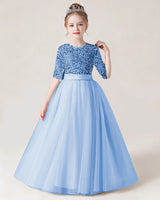 Sky Blue Sequin Tulle A-line Flower Girl Dress Front View