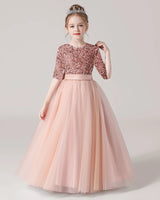 Blush Pink Sequin Tulle A-line Flower Girl Dress Front View