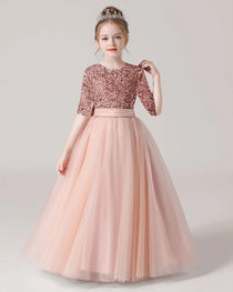 Blush Pink Front Sequin Mid Sleeve Flower Girl Dress