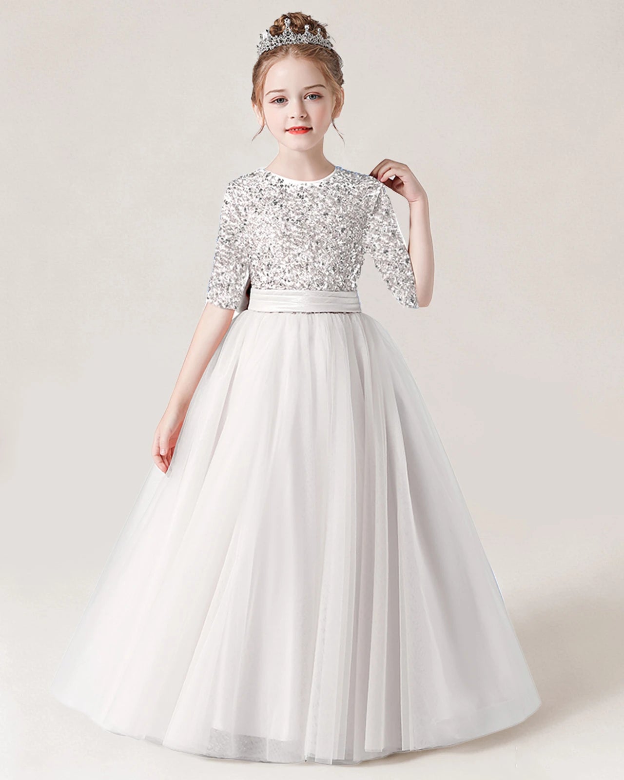 White Sequin Tulle A-line Flower Girl Dress Front View