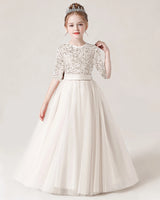 Ivory Sequin A-line Flower Girl Dress Front View