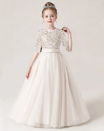 Ivory Front Sequin Mid Sleeve Flower Girl Dress