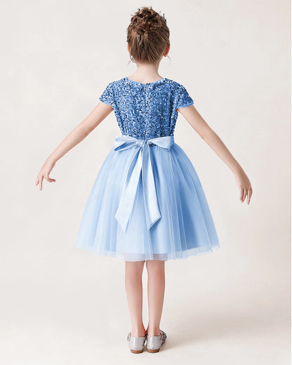 Sky Blue Back Short Sequin Flower Girl Dress