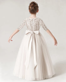 Ivory Back Sequin Mid Sleeve Flower Girl Dress