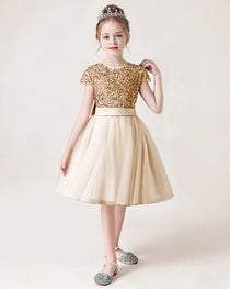 Champagne Front Short Sequin Flower Girl Dress