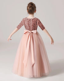 Blush Pink Back Sequin Mid Sleeve Flower Girl Dress