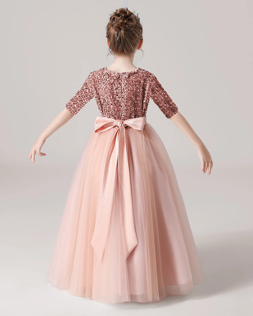 Blush Pink Sequin Tulle A-line Flower Girl Dress Back View