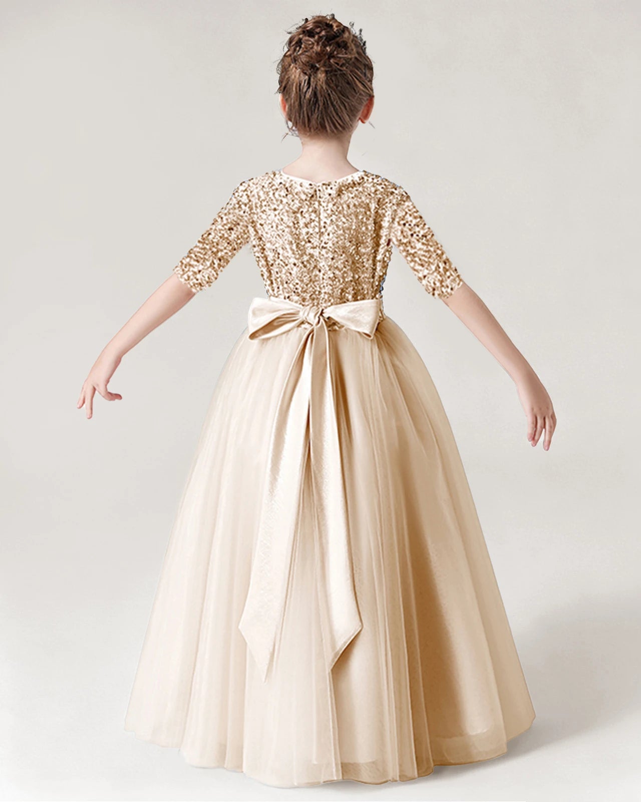 Champagne Back Sequin Mid Sleeve Flower Girl Dress