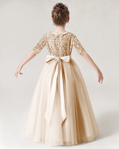 Champagne Back Sequin Mid Sleeve Flower Girl Dress