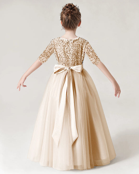 Champagne Tulle A-line Flower Girl Dress Back View