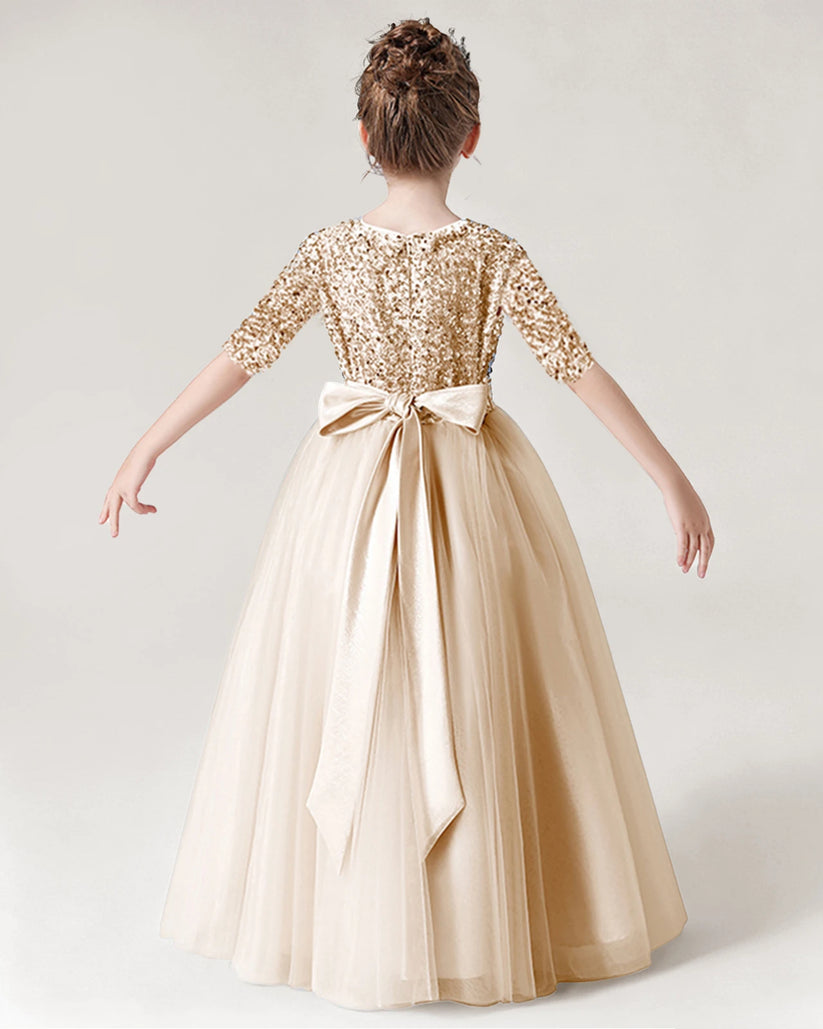 Champagne Tulle A-line Flower Girl Dress Back View