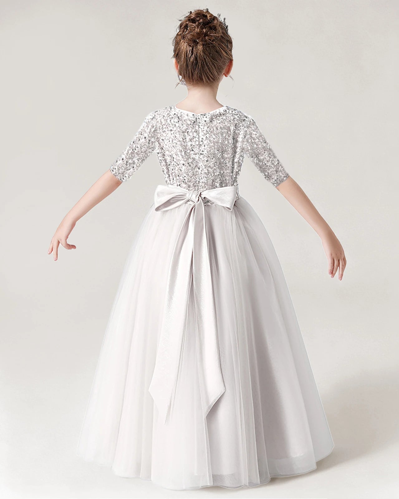 White Back Sequin Mid Sleeve Flower Girl Dress