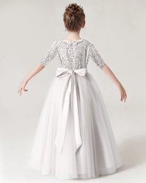 White Back Sequin Mid Sleeve Flower Girl Dress