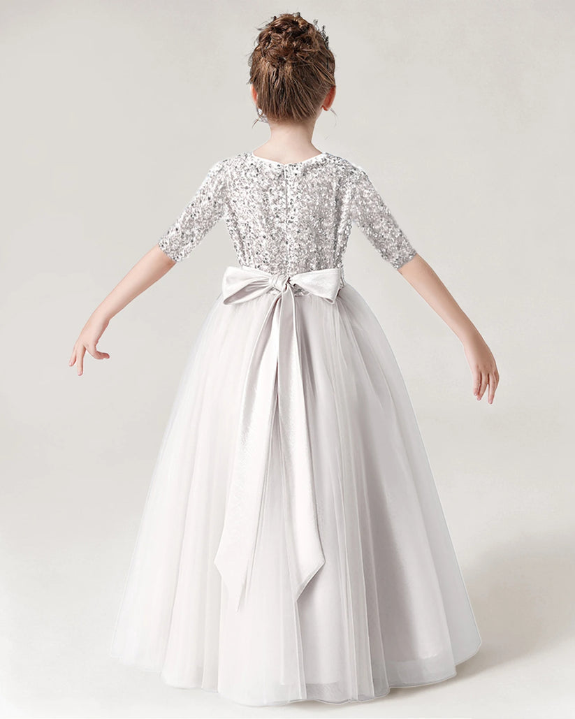 White Sequin Tulle A-line Flower Girl Dress Back View