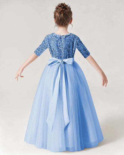 Sky Blue Back Sequin Mid Sleeve Flower Girl Dress
