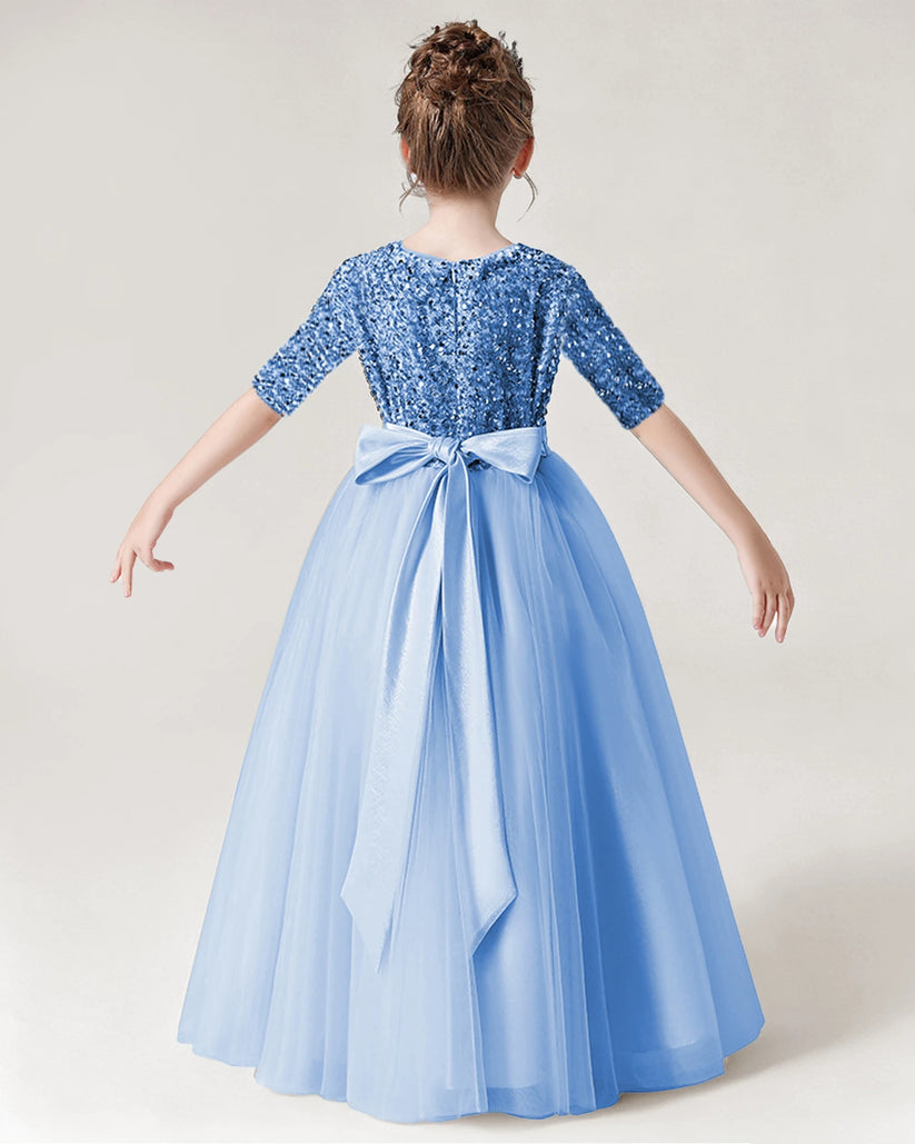 Sky Blue Sequin Tulle A-line Flower Girl Dress Back View