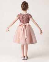  Blush Pink Sequin Tulle A-line Girls Formal Dress Back View