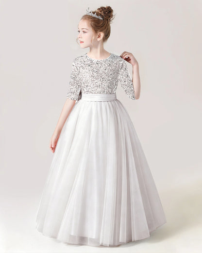 White Front Sequin Mid Sleeve Flower Girl Dress
