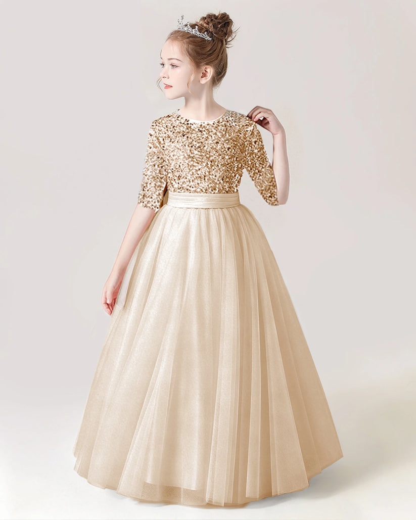 Champagne Sequin Tulle A-line Flower Girl Dress Side View