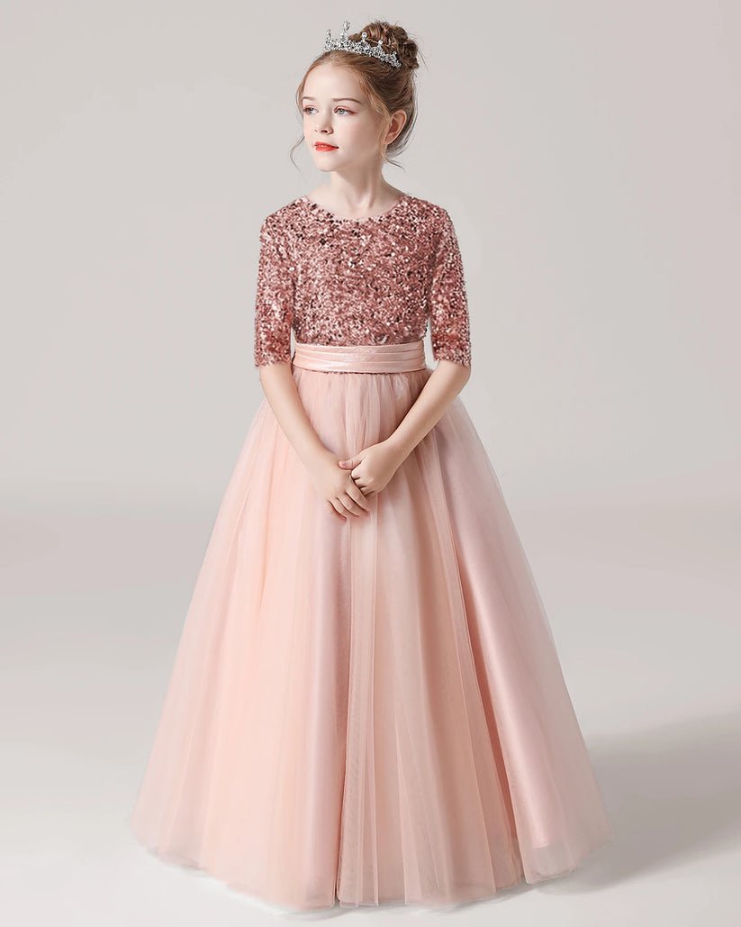 Blush Pink Sequin Tulle A-line Flower Girl Dress Front View