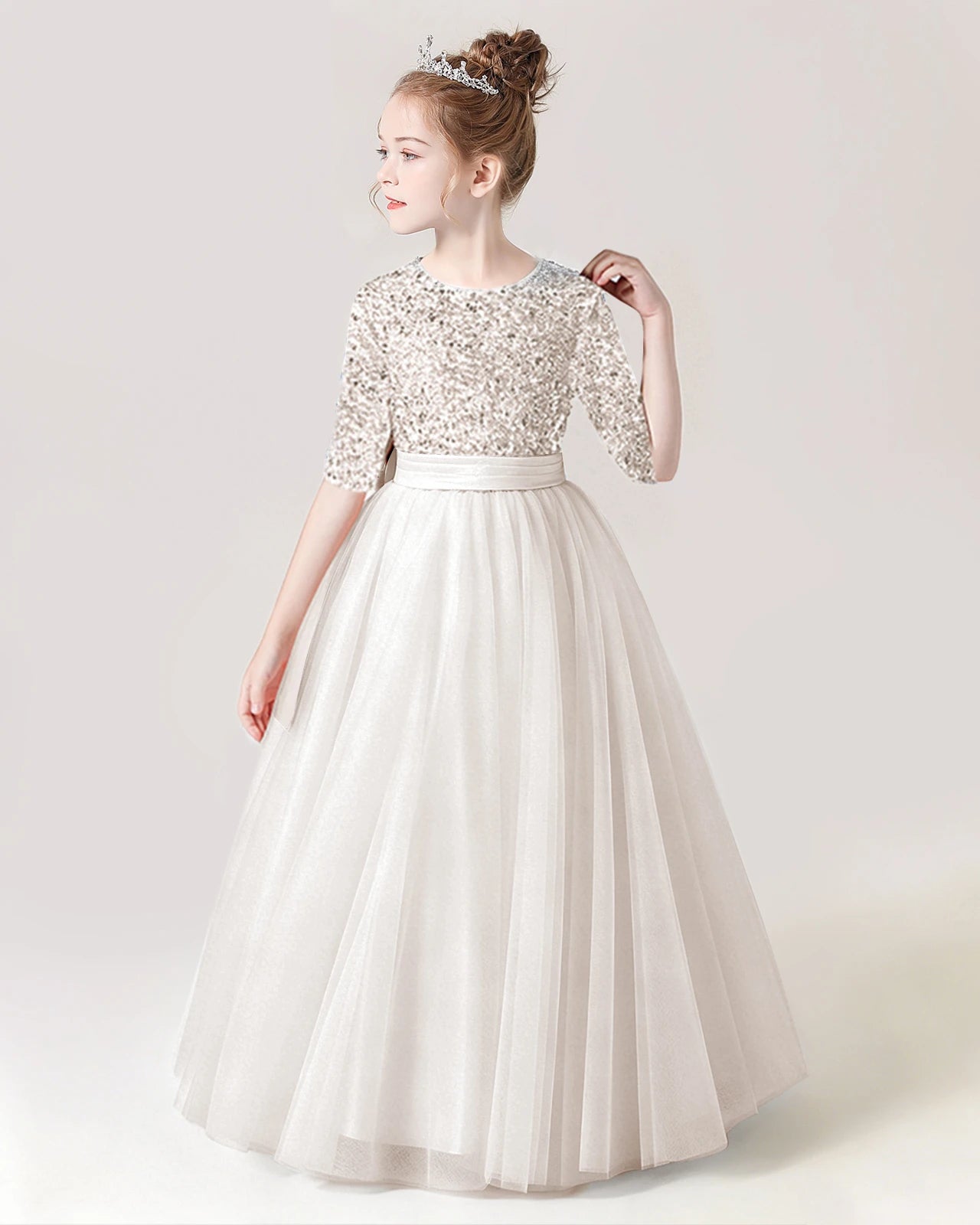Ivory Front Sequin Mid Sleeve Flower Girl Dress