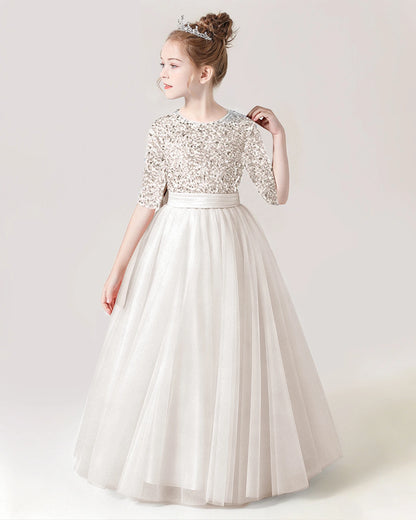Ivory Front Sequin Mid Sleeve Flower Girl Dress