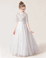 White Sequin Tulle A-line Flower Girl Dress Front View