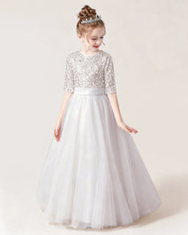 White Front Sequin Mid Sleeve Flower Girl Dress