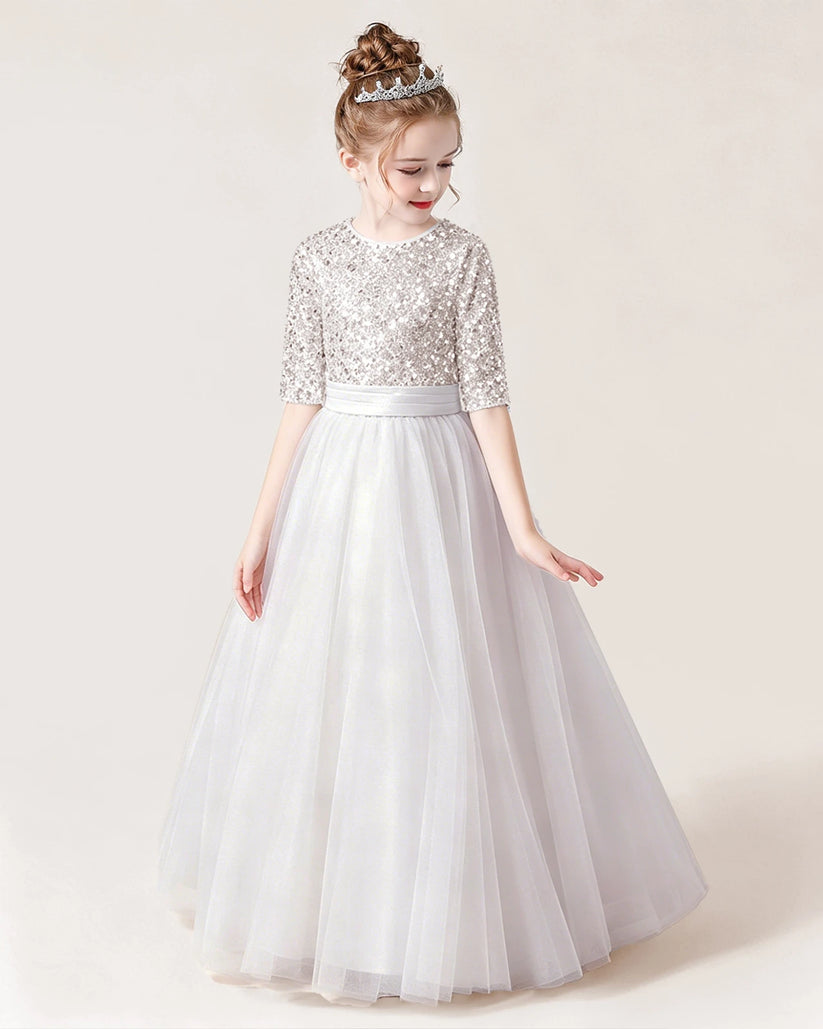 White Sequin Tulle A-line Flower Girl Dress Front View