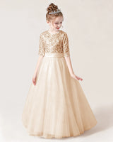 Champagne Sequin Tulle A-line Flower Girl Dress Front View