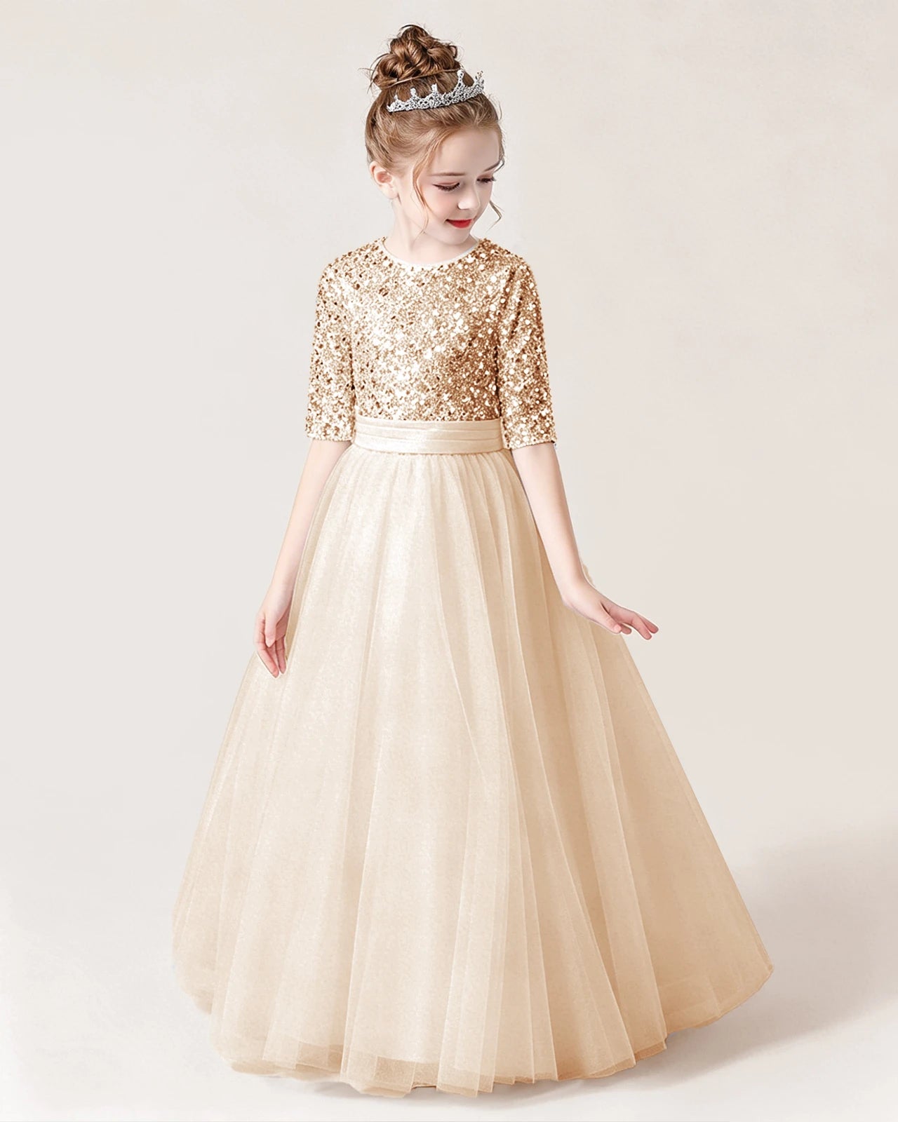 Champagne Front Sequin Mid Sleeve Flower Girl Dress