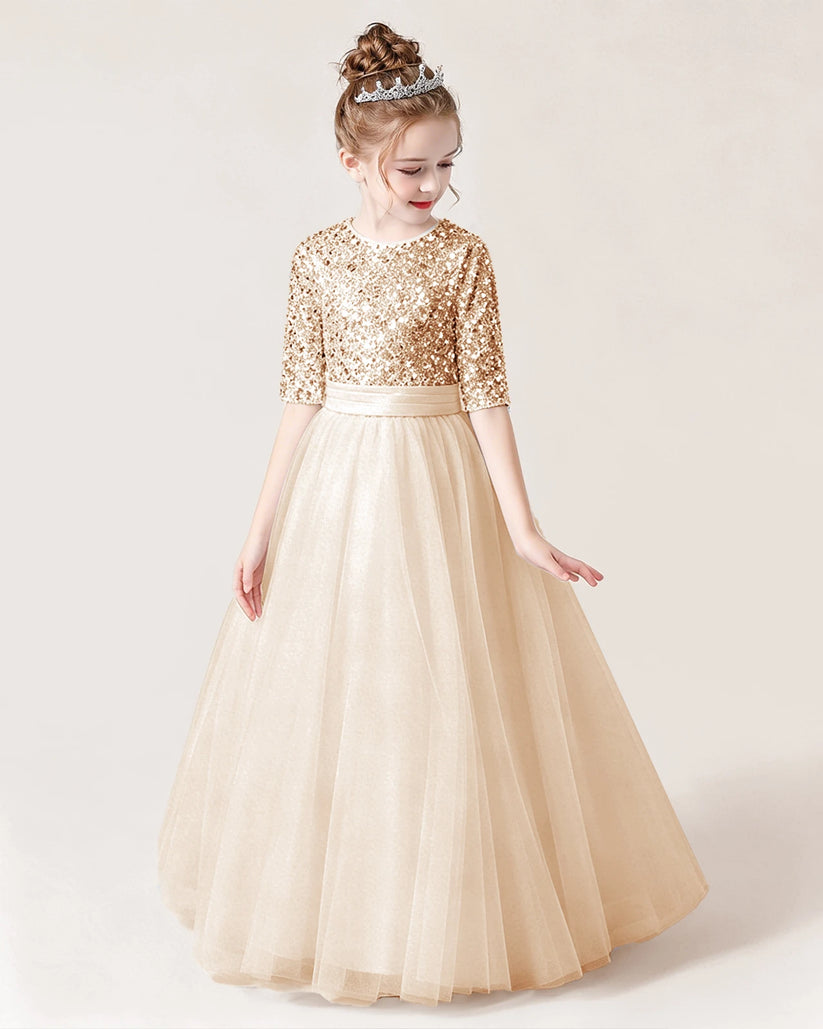 Champagne Sequin Tulle A-line Flower Girl Dress Front View