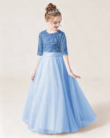 Sky Blue Sequin Tulle A-line Flower Girl Dress Front View