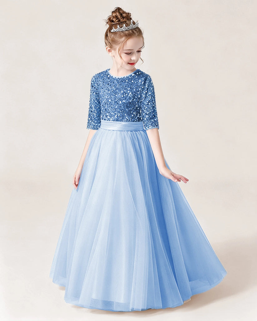 Sky Blue Sequin Tulle A-line Flower Girl Dress Front View