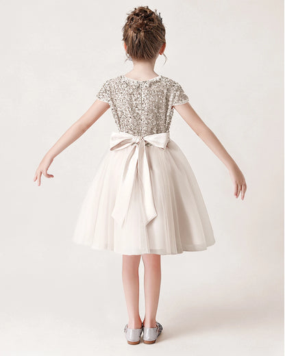  Ivory Sequin Tulle A-line Girls Formal Dress Back View